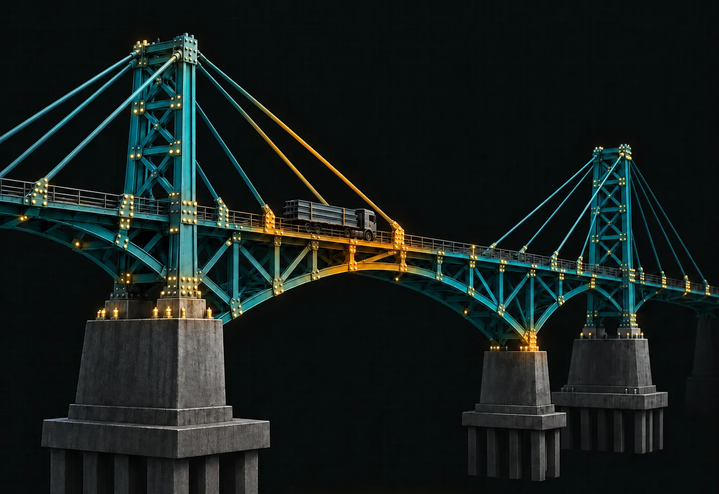 The bridge with its confirmed joints lit in gold