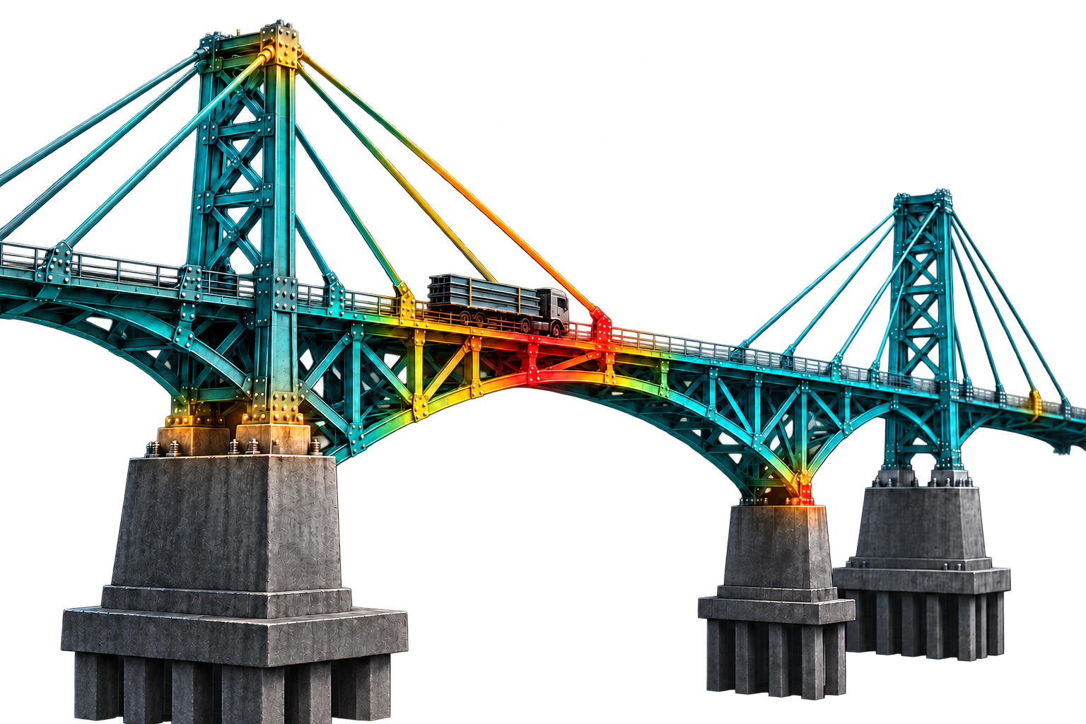 Stress-mapped render of a suspension bridge carrying a loaded truck, colored from teal (low strain) to red (high strain) along the deck