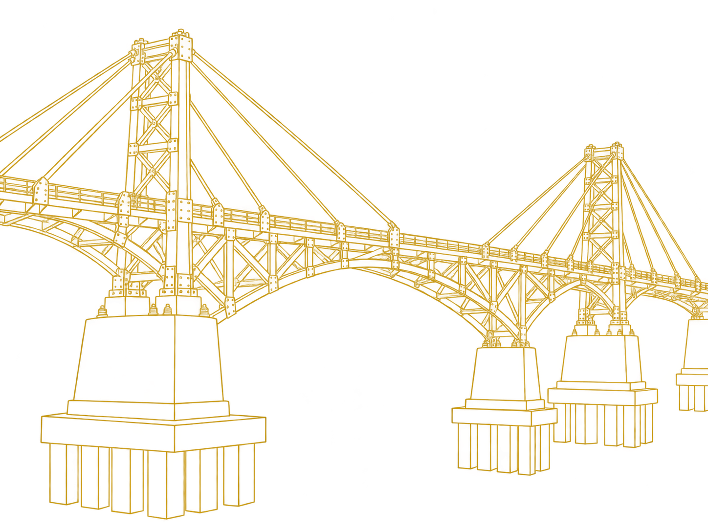 Gold line drawing of a suspension bridge