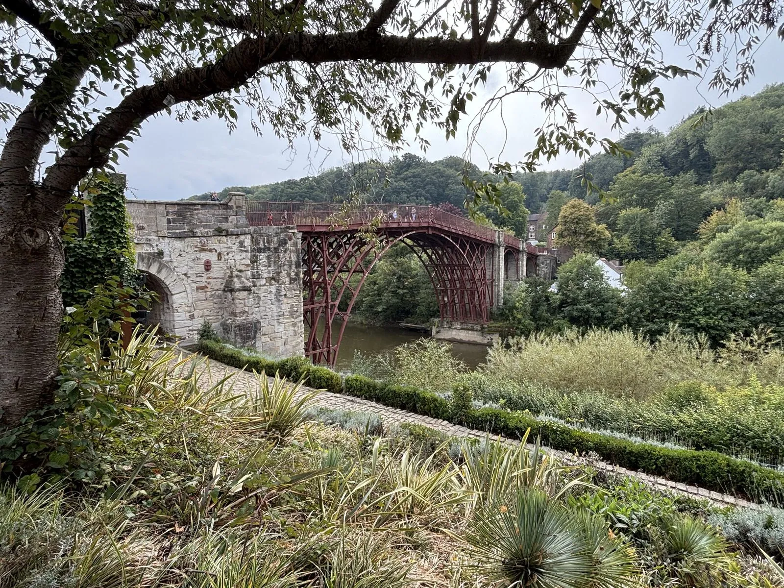 The Iron Bridge framed by an overhanging tree, with the stone arch of the bank and the red ironwork beyond