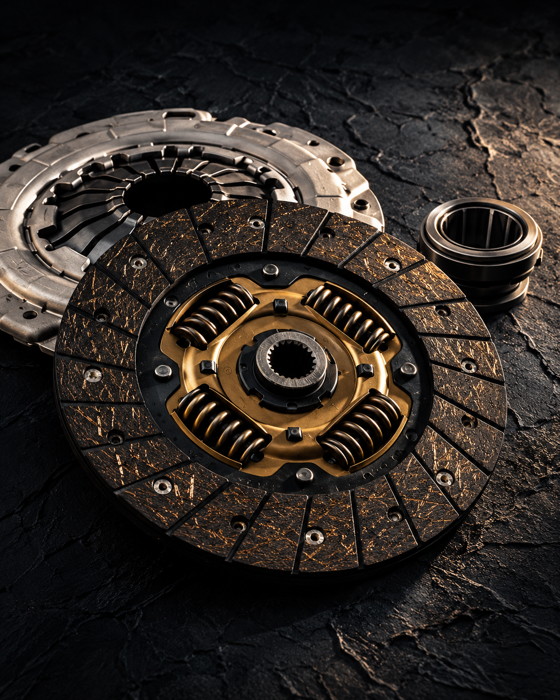 A truck clutch assembly: the clutch disc, pressure plate and release bearing.