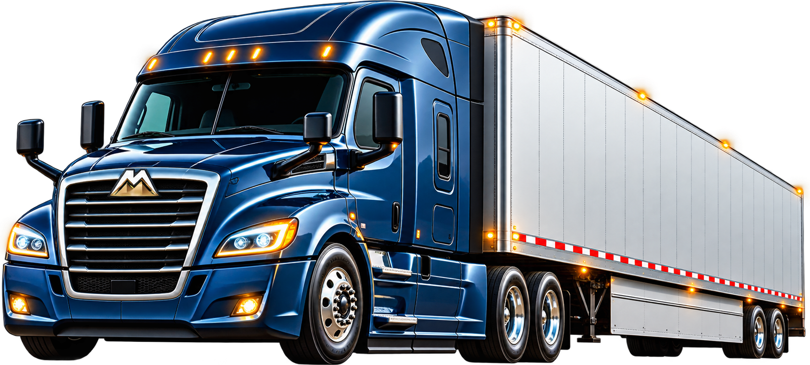 A blue tractor-trailer with the Medjay mark on the grille.