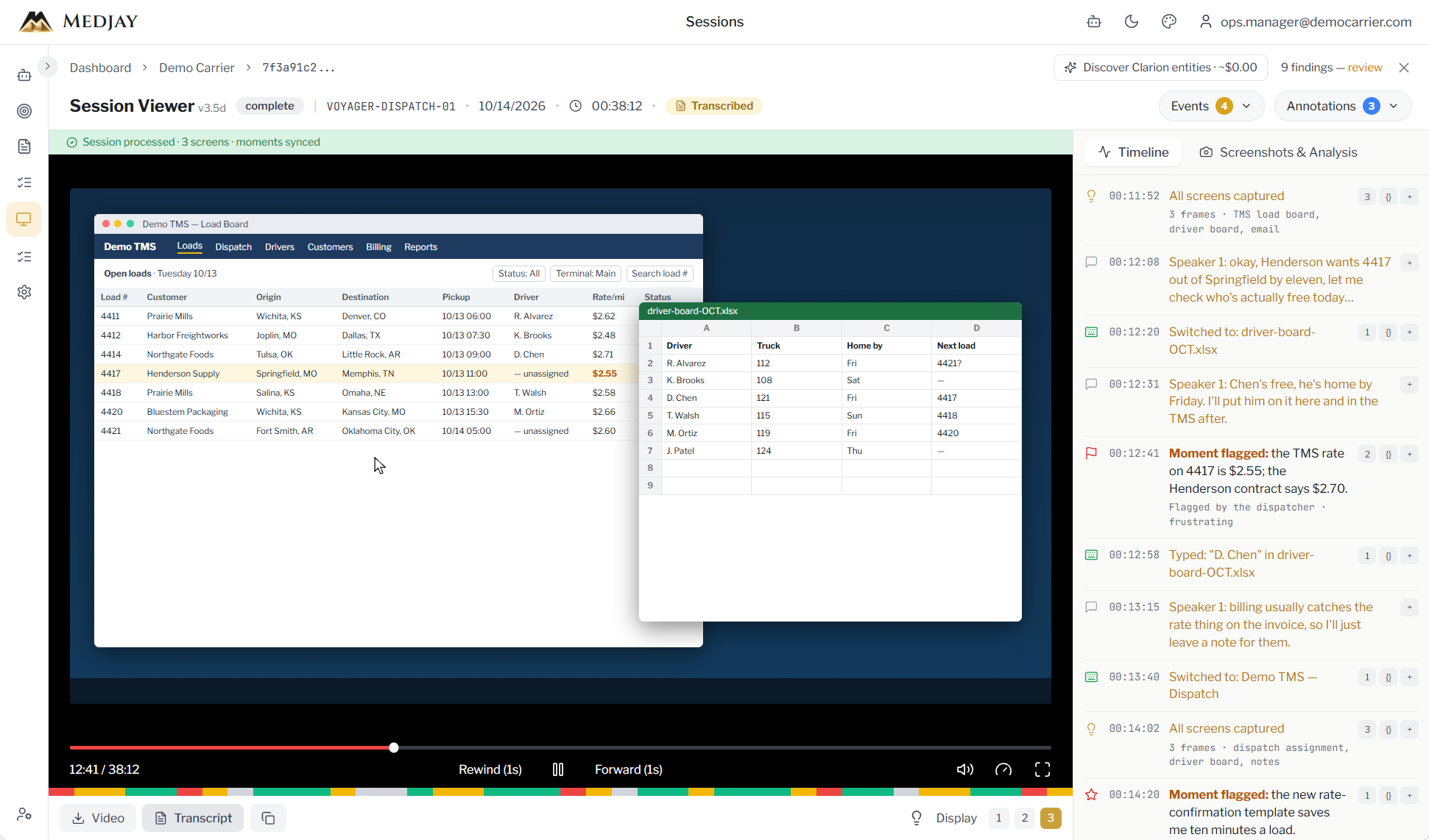 Voyager Session Viewer showing a dispatcher's recorded screen with a load board and a driver spreadsheet, and a timeline of speech, typing and flagged moments.